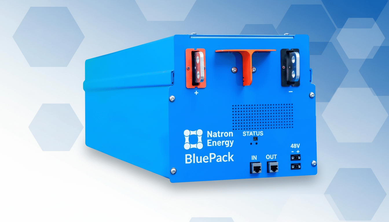 Natron Energy BluePack battery on a professional blue and white hexagonal pattern background .