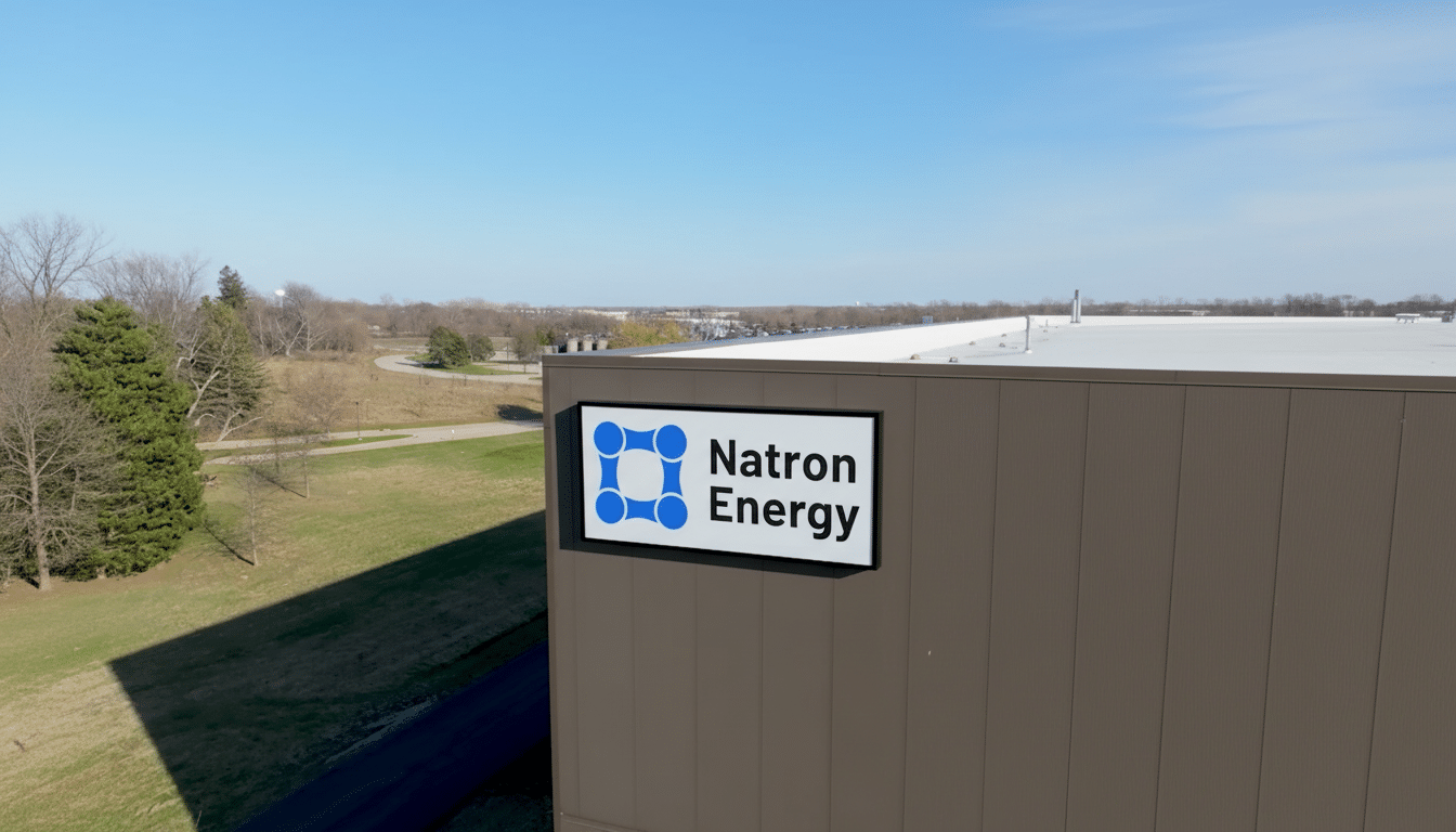 The Natron Energy sign is affixed to the side of a modern building , with a clear blue sky overhead and green landscape visible in the background.