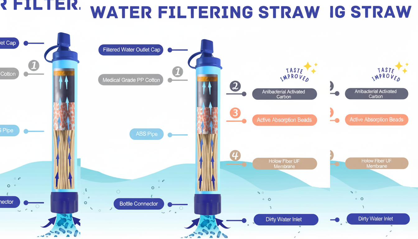 A professional, enhanced image of a water filtering straw with a 16:9 aspect ratio. The background has been updated to a clean, professional flat design with soft patterns and gradients, while the water filtering straw and its explanatory labels remain unchanged and original.