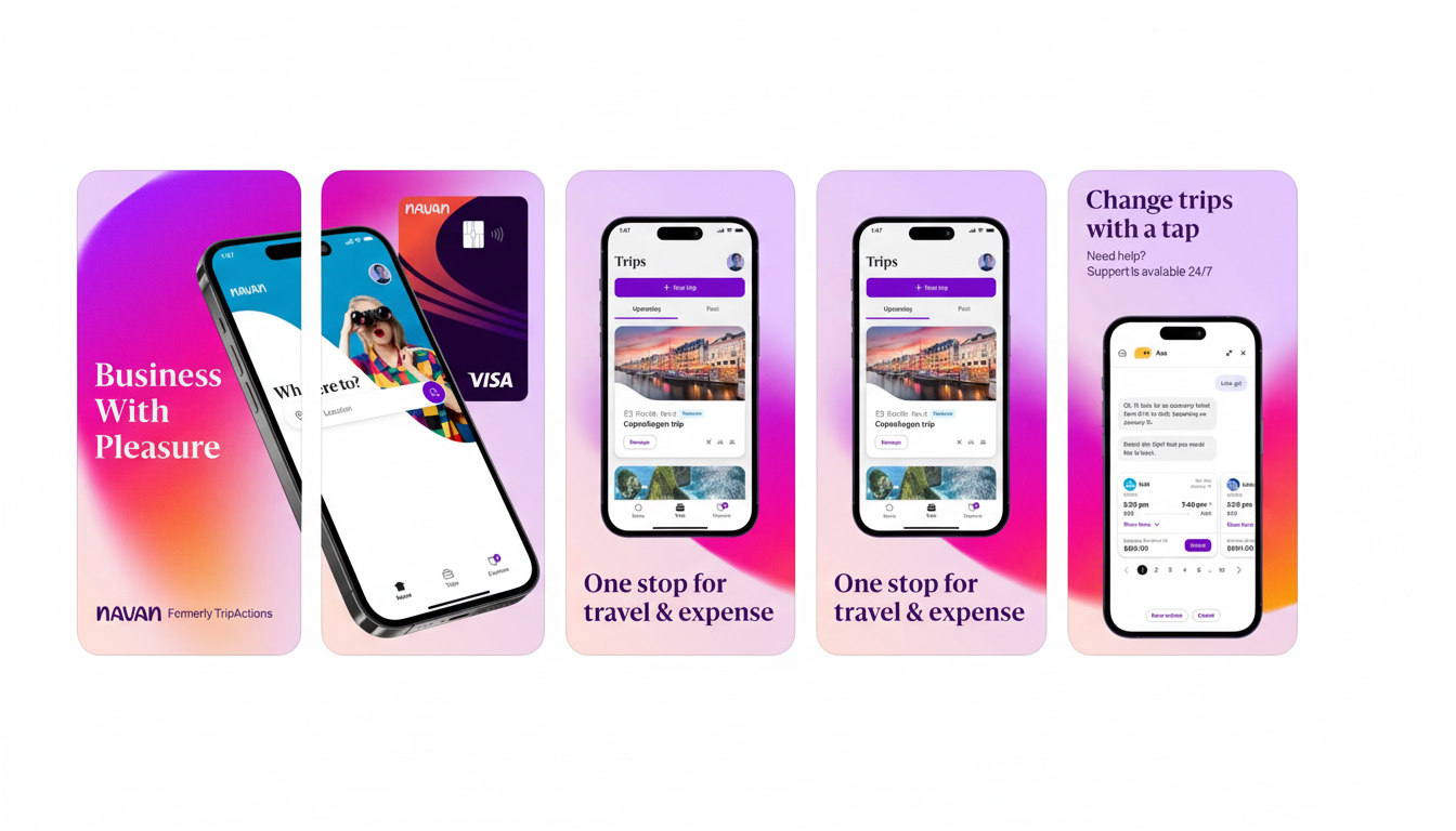 A 16:9 aspect ratio image showcasing four mobile app screens from Navan, formerly TripActions. The first screen shows a phone displaying the app with a credit card behind it, featuring a woman in sunglasses. The second screen shows a Trips interface with a Copenhagen trip listed. The third and fourth screens show a flight booking interface and a chat assistant for changing trips. The overall design is clean and professional with soft gradients in the background.