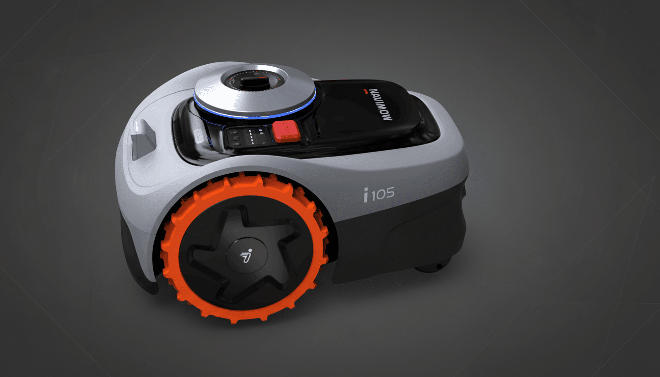 A professional image of the Navim ow i10 5 robotic lawnmower on a dark grey background with a subtle gradient and soft patterns. The mower is light gr