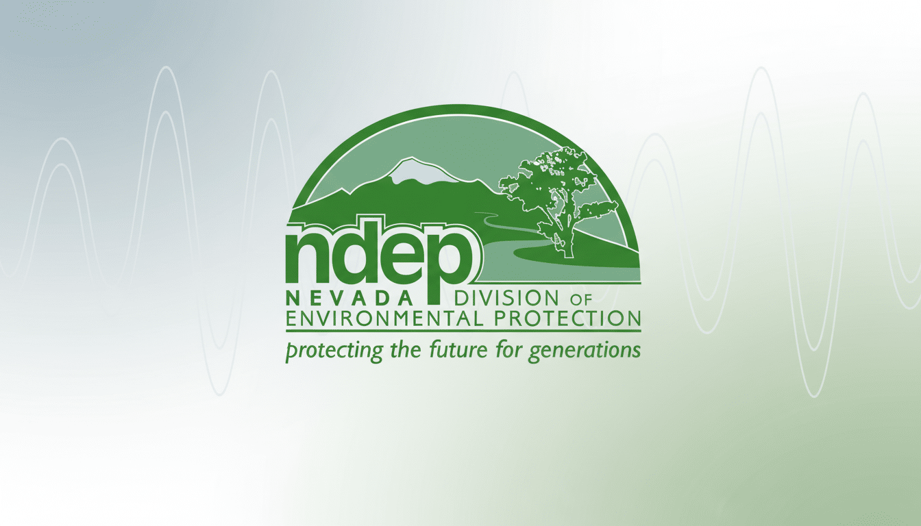 The N DEP logo, featuring nd ep in large green letters over NEVADA DIVISION OF ENVIRONMENTAL PROTECTION and protecting the future for generations , with a graphic of mountains and a tree in the background, set against a professional flat design with soft patterns and gradients.