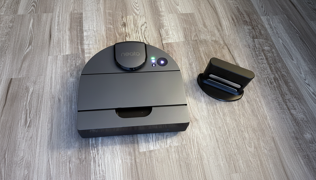 A dark grey Neato robot vacuum cleaner and its charging dock on a light wooden floor, resized to a 16:9 aspect ratio.