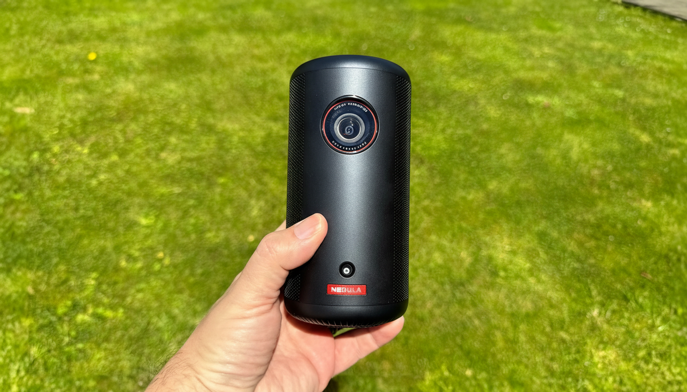 A hand holding a black Nebula projector against a green grass background, resized to a 16:9 aspect ratio.