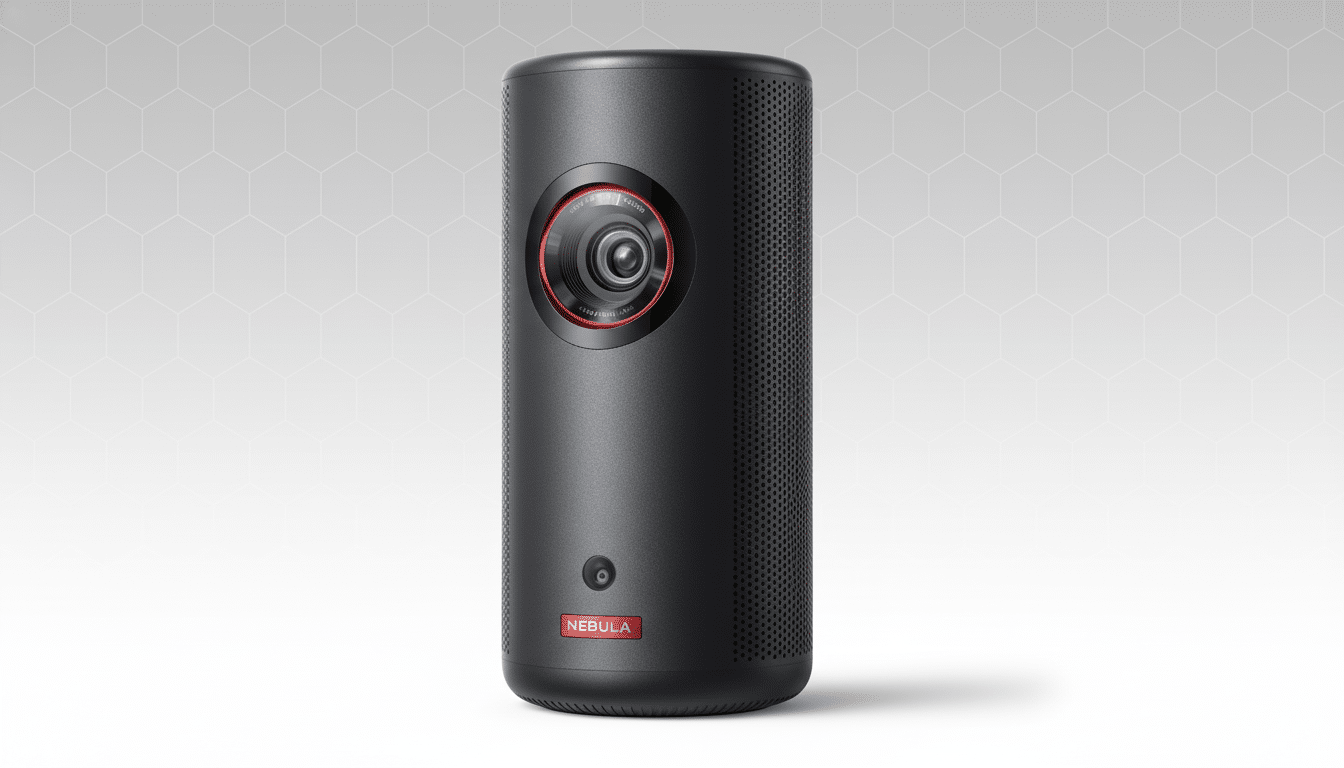 A black Nebula portable projector is centered against a soft gray and white background with a subtle hexagonal pattern. The device features a prominent lens with a red ring and a NEBULA logo at the bottom .