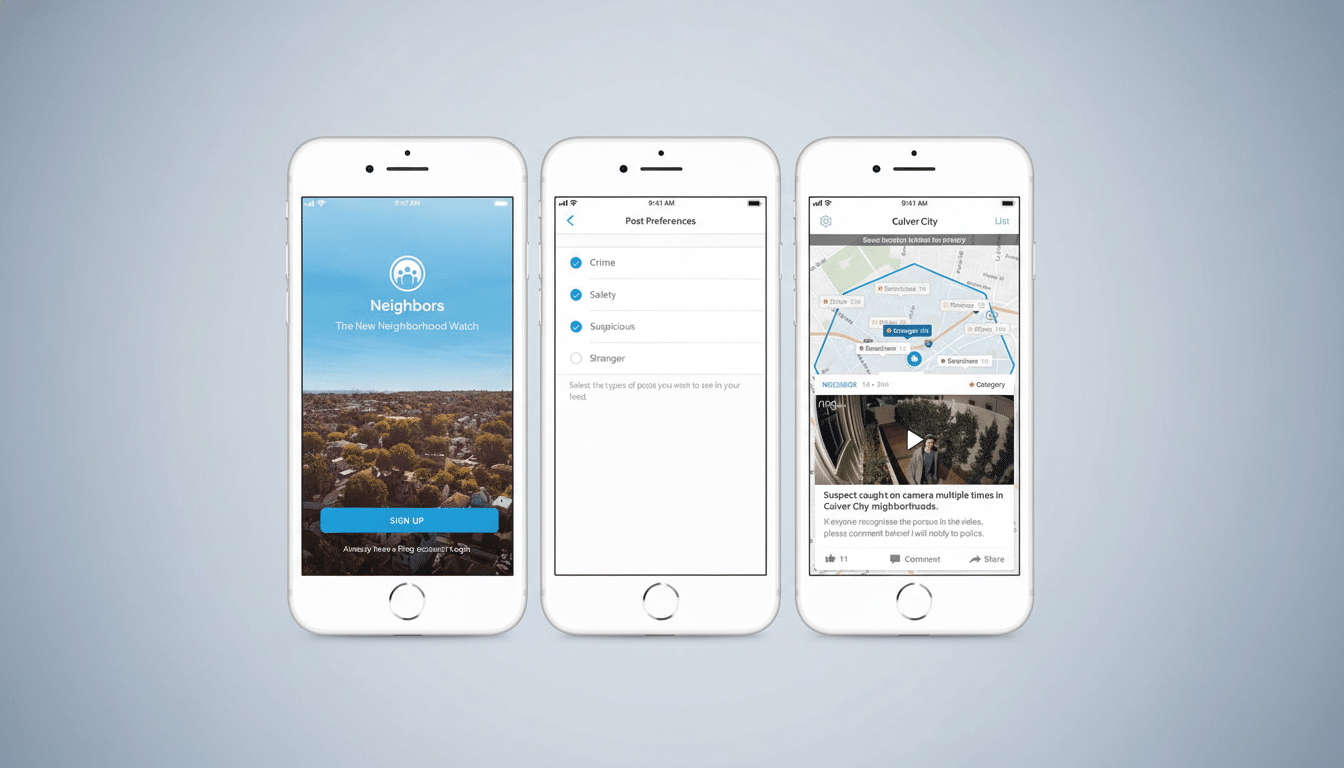 A professional image displaying three iPhones with screens showcasing the Neighbors app . The first screen is a login /signup page with a neighborhood view. The second displays  Post Preferences with options like Crime , Suspicious, Safety, and Stranger . The third shows a map of Culver City with incident markers and a video post about a suspect .
