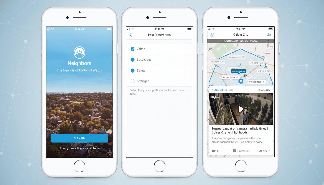 Three white smartphones displaying the  Neighbors by Ring app interface , showcasing a neighborhood watch home screen , post preferences, and a local crime alert with a map and video. Filename : neighborsapp show case.png
