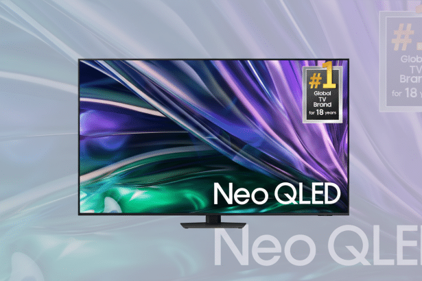 A professional image of a Neo Q LED TV, displayed on a soft gradient background in a 16: 9 aspect ratio. The TV screen shows an abstract design of swi