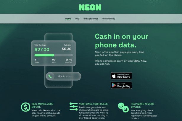 A professional 16:9 aspect ratio image of the Neon app landing page, featuring a smartphone display showing call earnings, and text highlighting features like earning cash from phone data, data control, and contributing to AI.