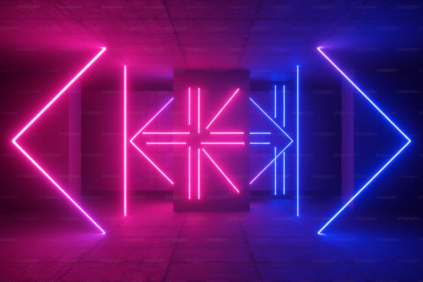 An abstract image featuring pink and blue neon lights forming geometric shapes on a dark, textured background .