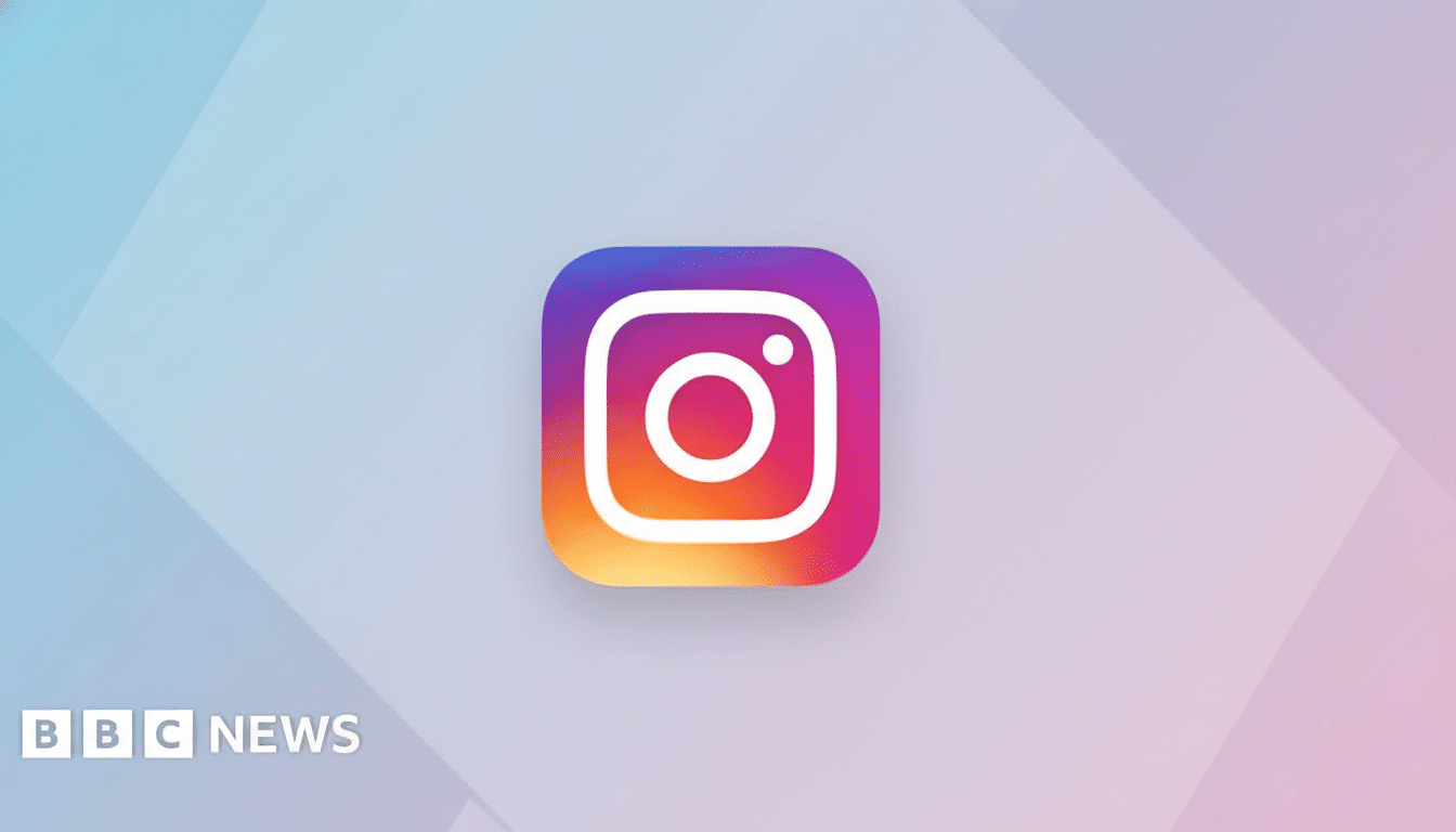 The Instagram app icon, featuring a white camera outline on a gradient background of purple, pink, and orange, against a subtle blue and purple gradie