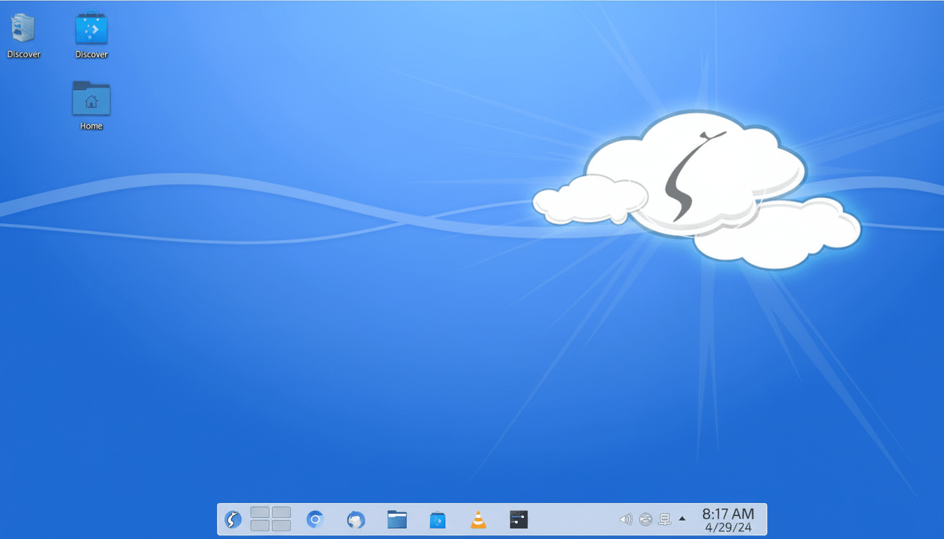 A desktop screenshot of a blue operating system with a cloud icon and application shortcuts.