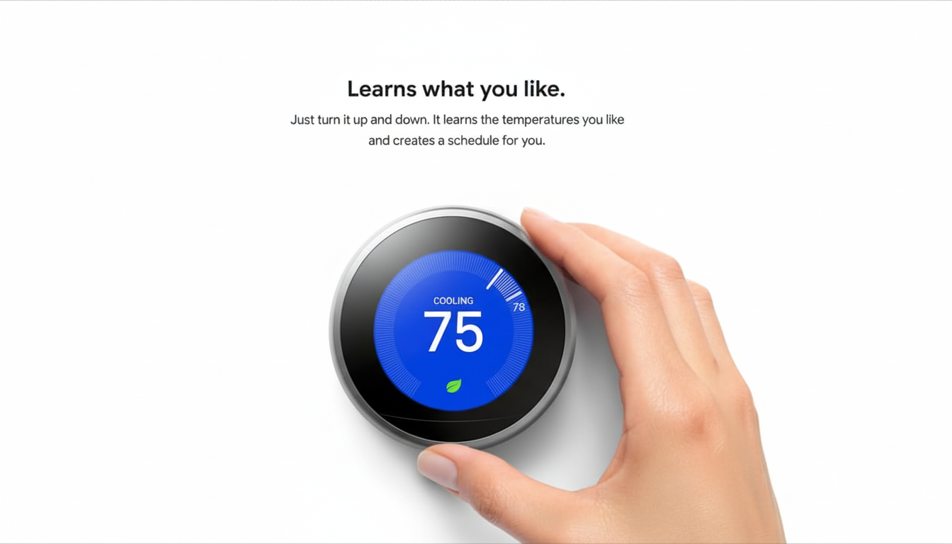A hand adjusting a smart thermostat, which displays COOLING 75 on a blue screen, with text above reading Learns what you like. Just turn it up and down. It learns the temperatures you like and creates a schedule for you.