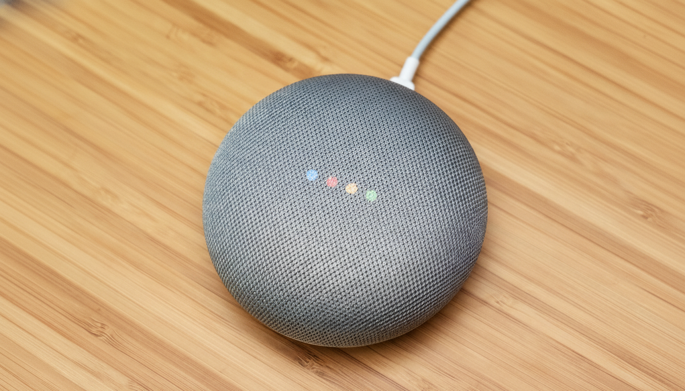 A gray Google Home Mini smart speaker with four colored lights illuminated on its top surface, sitting on a wooden table.