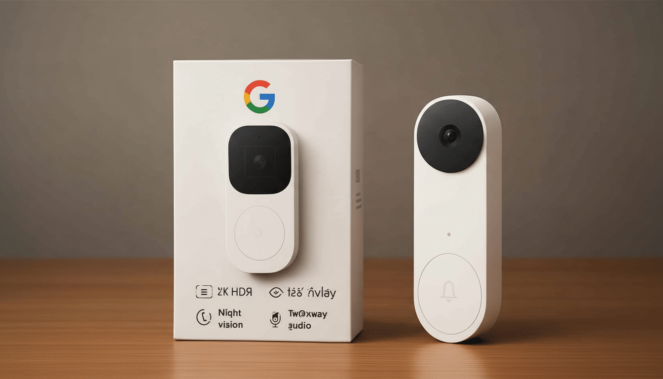 A white Google Nest Doorbell ( wired ) and its packaging box are displayed on a wooden surface. The packaging highlights features like 2 K HDR, night
