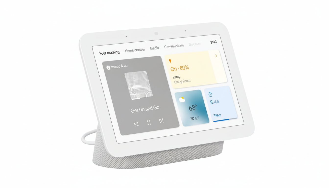 A white Google Nest Hub smart display showing various smart home controls and information, resized to a 16:9 aspect ratio with a clean white background.