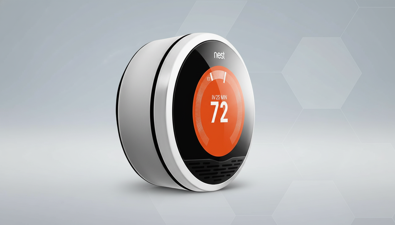 A Nest smart thermostat displaying a temperature of 72 degrees Fahrenheit, set against a professional flat design background with soft gray gradients and subtle hexagonal patterns.