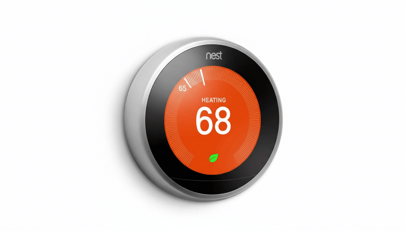 A Nest smart thermostat displaying HEATING 68 on an orange background , set against a clean white wall .
