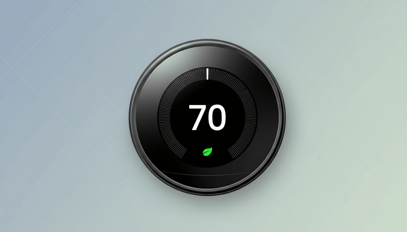 A professional , enhanced image of a black Nest thermostat set to 70 degrees with a green leaf icon , presented on a soft gradient background. Filename : nestther mostat7 0degrees. png