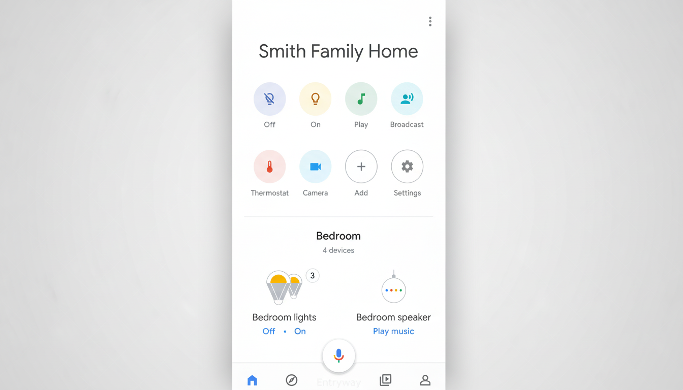 A screenshot of the Google Home app interface, showing controls for Smith Family Home with various device options like lights, thermostat, camera, and speaker, set against a professional flat design background with soft patterns.