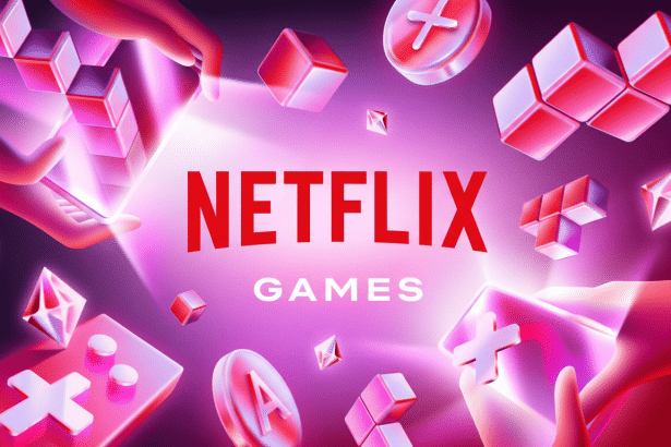 The Netflix Games logo is centrally placed, with Netflix in red and Games in white below it, against a vibrant purple background. Various stylized game- related shapes, including cubes, controller buttons, and geometric gems , are scattered around the logo, some held by hands. The image has a glowing , dynamic feel .