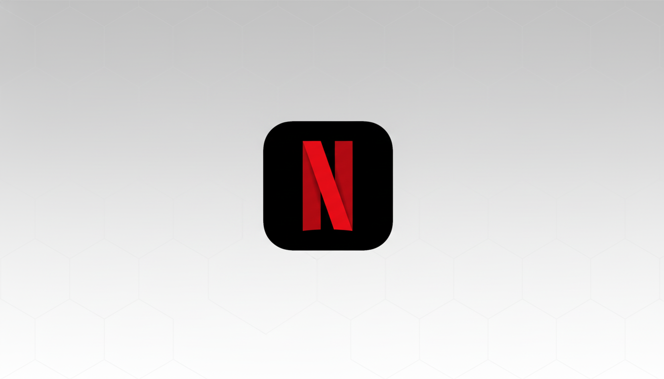 The Netflix app icon, featuring a red N on a black square with rounded corners, centered on a professional flat design background with a subtle gray gradient and soft hexagonal patterns.