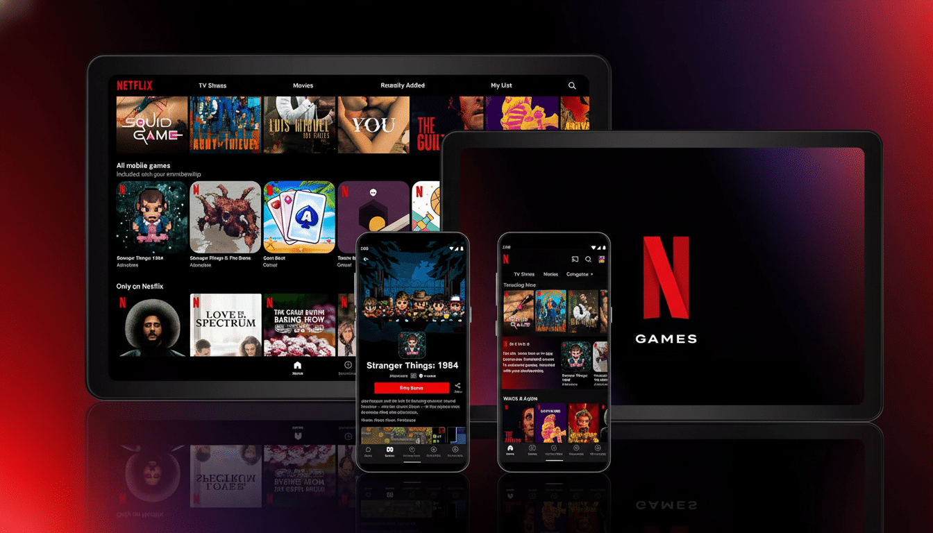 A professional display of Netflix on various devices, including a tablet showing the main interface with game and show listings, and a smartphone displaying a game detail page and the Netflix Games section .