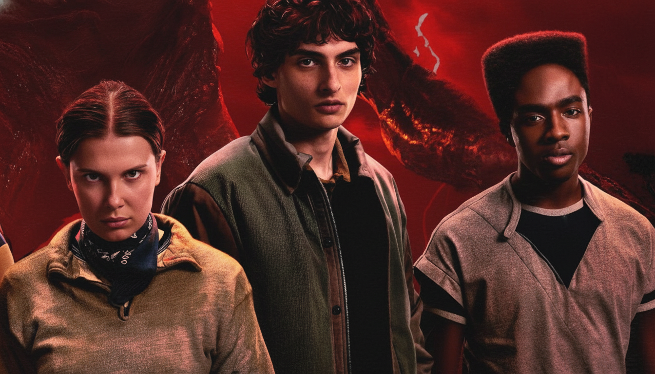 Three young people, two males and one female, stand against a dark red, ominous background. The female on the left has brown hair pulled back and wears a light brown jacket with a dark bandana. The male in the center has dark curly hair and wears a dark green jacket. The male on the right has short dark hair and wears a light brown shirt.
