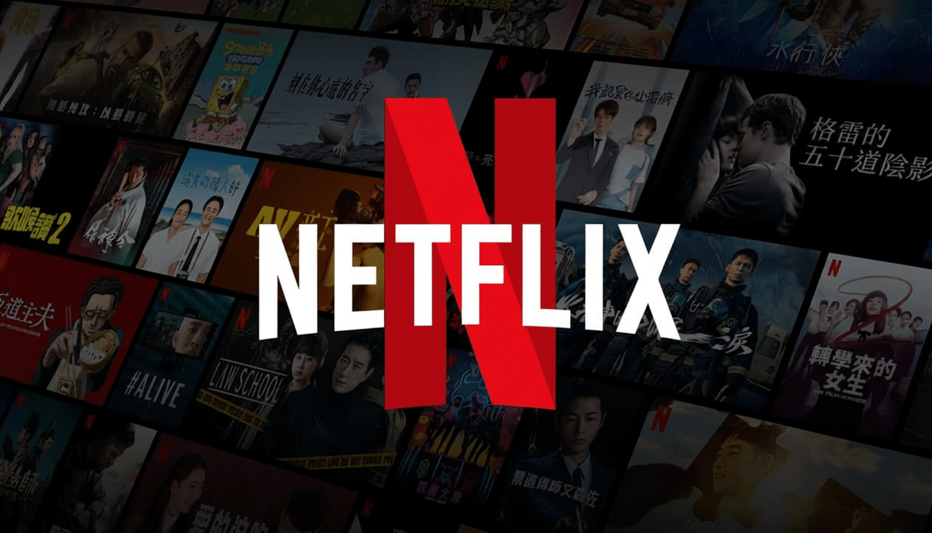 The Netflix logo in white and red, centered over a collage of movie and TV show thumbnails on a dark background.