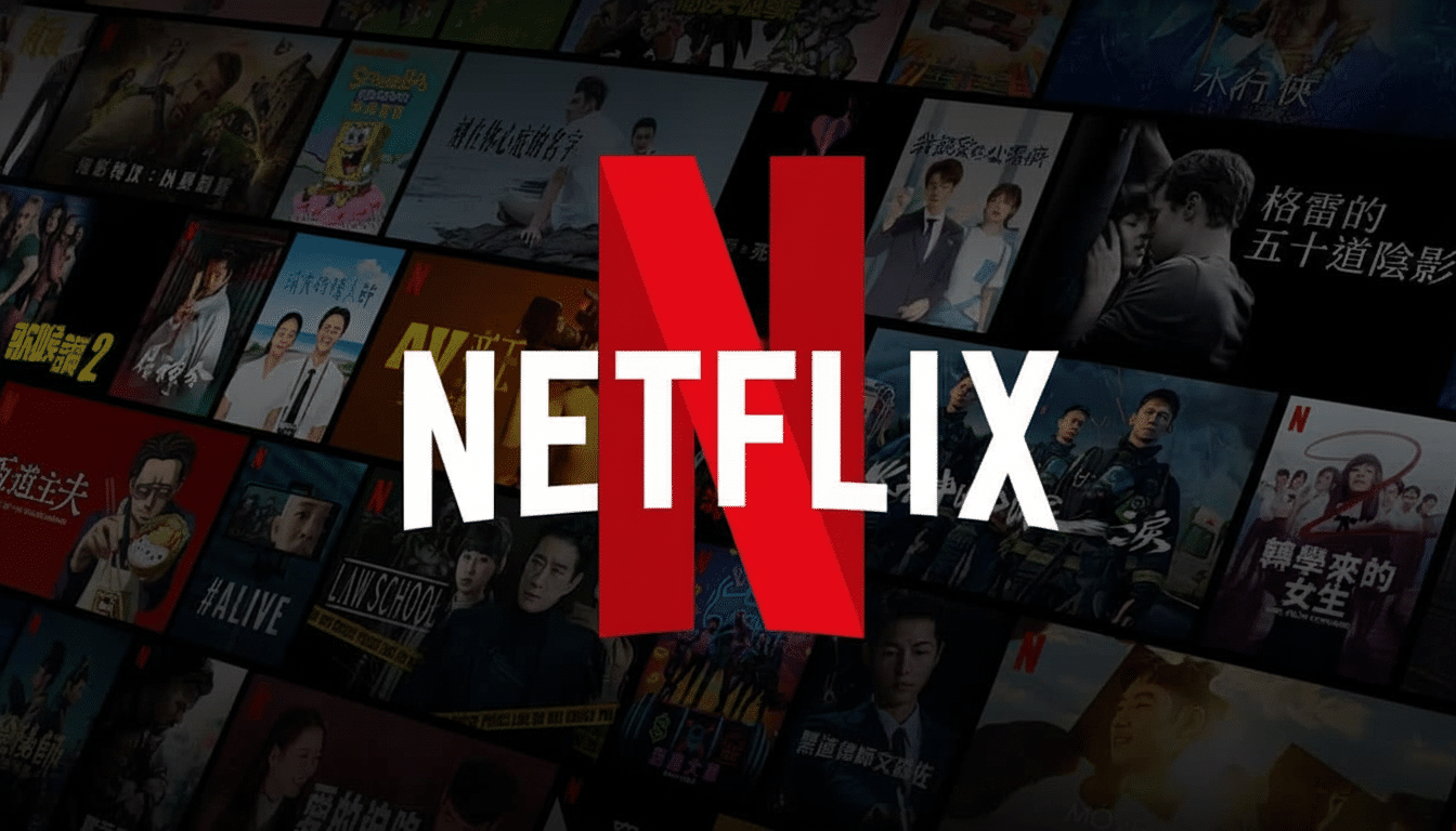 The Netflix logo in white and red, centered over a collage of movie and TV show thumbnails on a dark background .