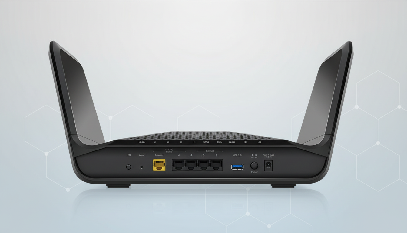A black wireless router with multiple ports and antennas, presented on a professional flat design background with soft geometric patterns.