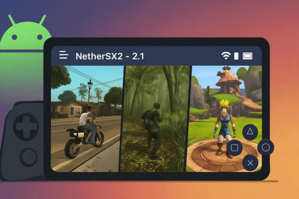An Android tablet displaying the NetherSX2 emulator interface with three game screenshots , positioned next to a game controller and a large Android logo.
