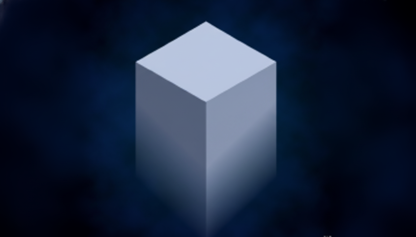 A light gray isometric cube stands vertically against a dark blue background with subtle, smoky patterns.