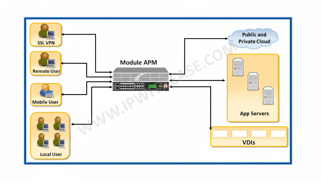 Diagram showing various users ( SSL VPN, Remote , Mobile, Local) connecting to a Module AP M device, which then routes traffic to App Servers , VD Is, and Public /Private Cloud environments .
