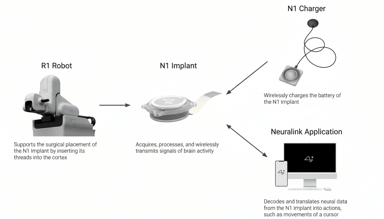 Diagram illustrating the Neuralink system , showing the R 1 Robot for surgical implant , the N1 Implant for brain signal processing , the N1 Charger, and the Neuralink Application for decoding brain activity into actions.