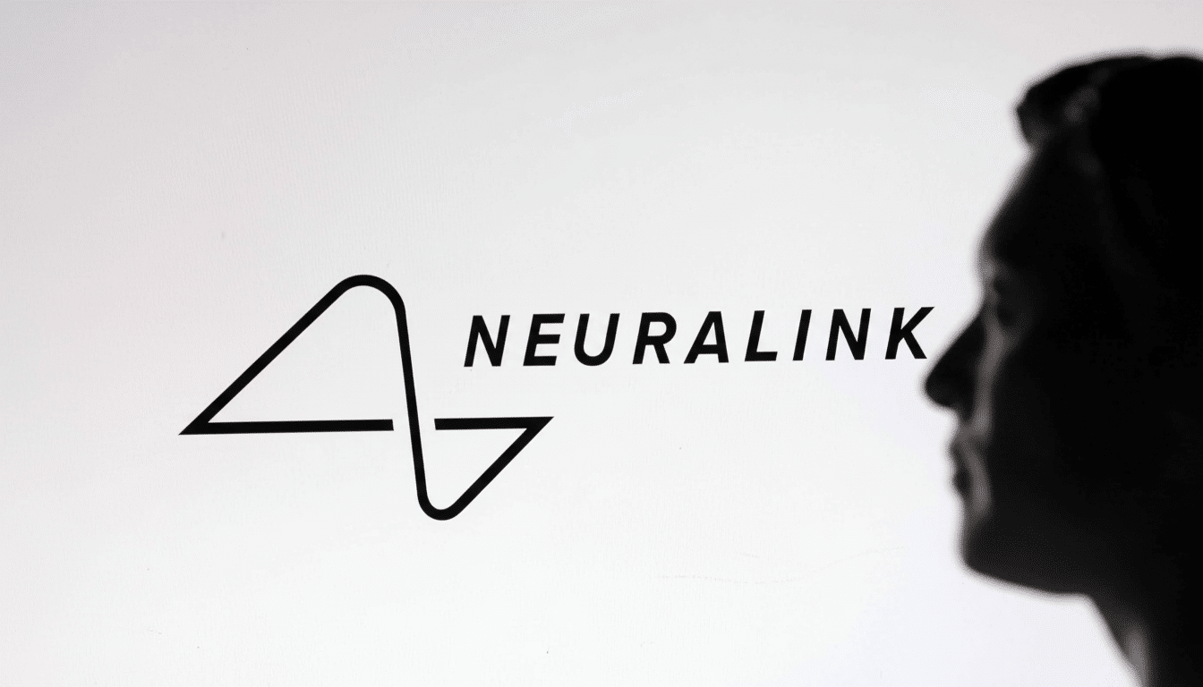 A 16: 9 aspect ratio image of the Neuralink logo, a stylized N and L forming a circuit - like design, displayed on a screen with the silhouette of a p