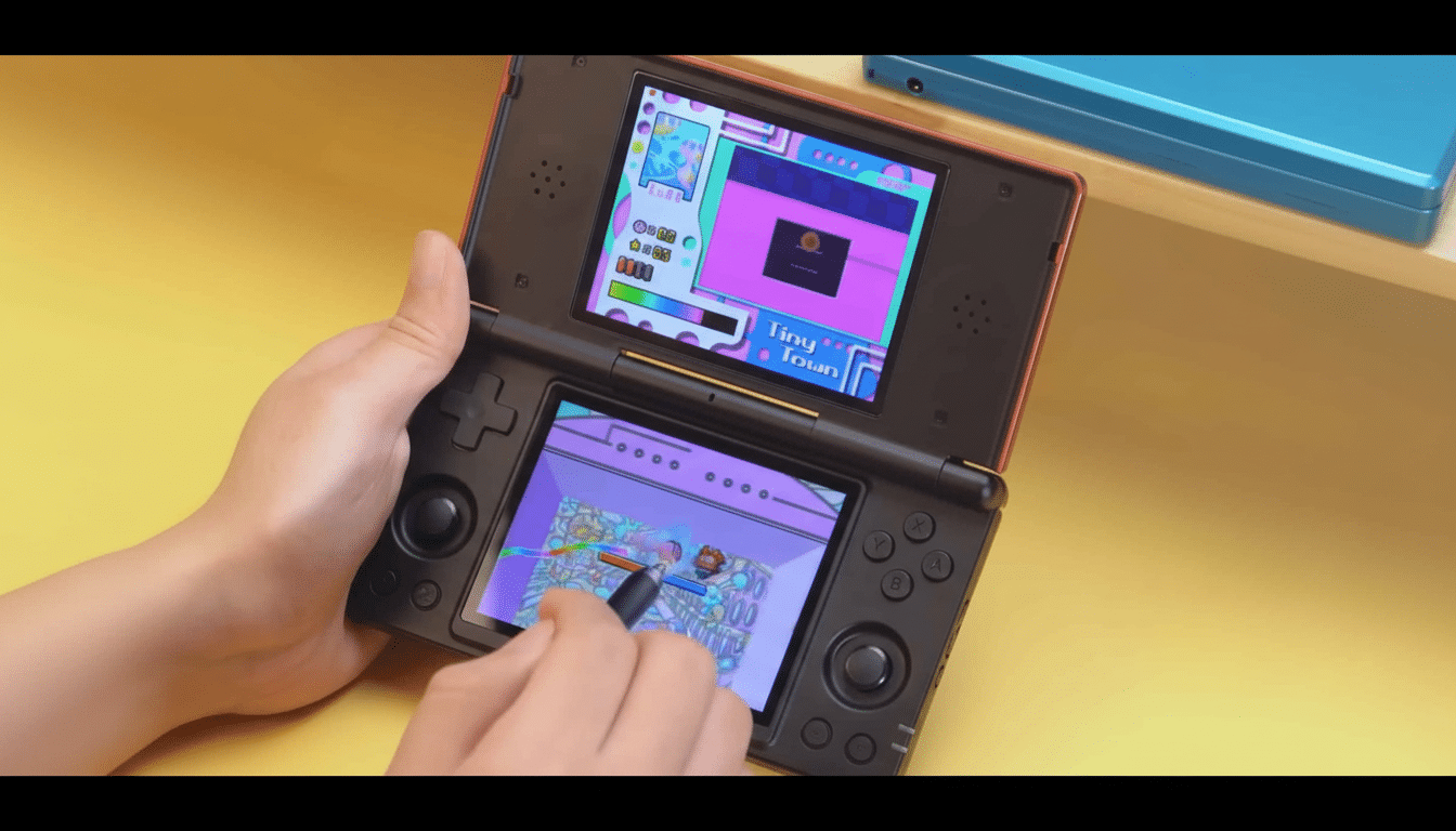 A person playing a Nintendo DS , with a close -up of their hands on the device and a game displayed on both screens.