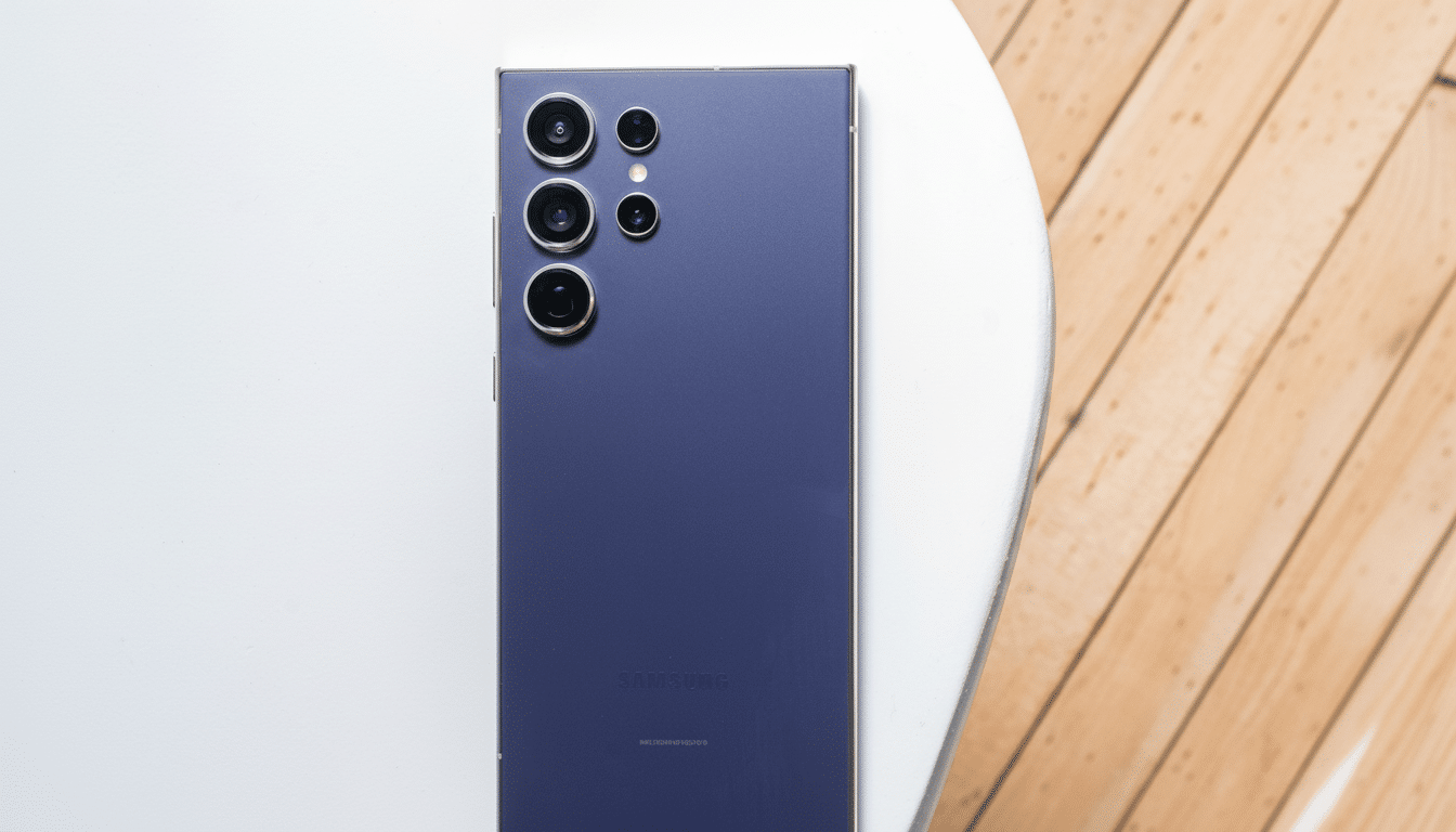 A professional shot of the back of a deep purple Samsung smartphone with multiple camera lenses, presented on a white and wooden surface, resized to a 16:9 aspect ratio.