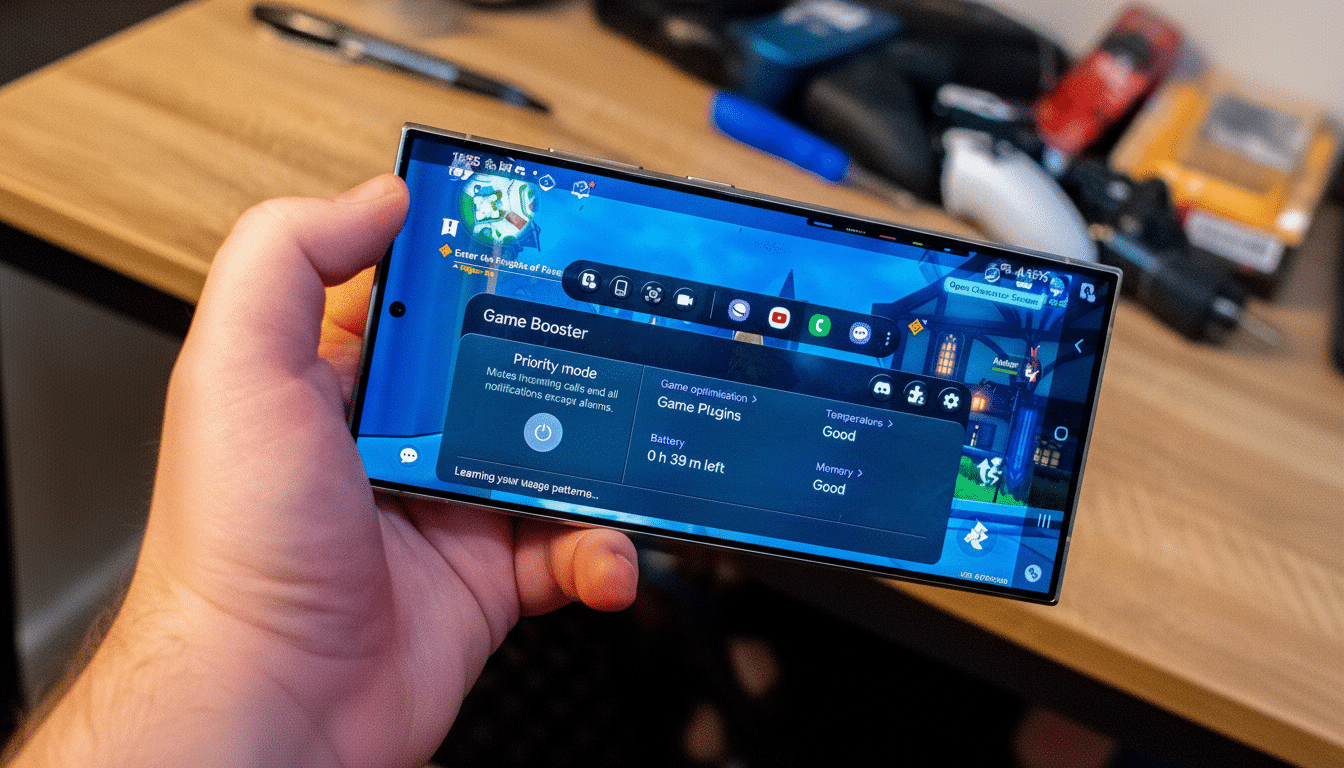 A hand holding a smartphone displaying the Game Booster menu over a game screen , with the background of a wooden desk and office items visible.