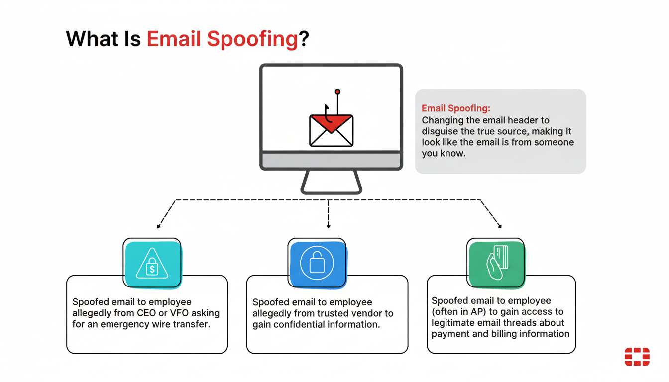 An infographic titled What Is Email Spoofing? showing a computer monitor with a phishing email icon, and three examples of spoofed emails targeting employees.
