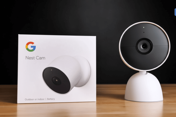 A Google Nest Cam ( outdoor or indoor, battery) next to its packaging on a wooden surface with a dark background.