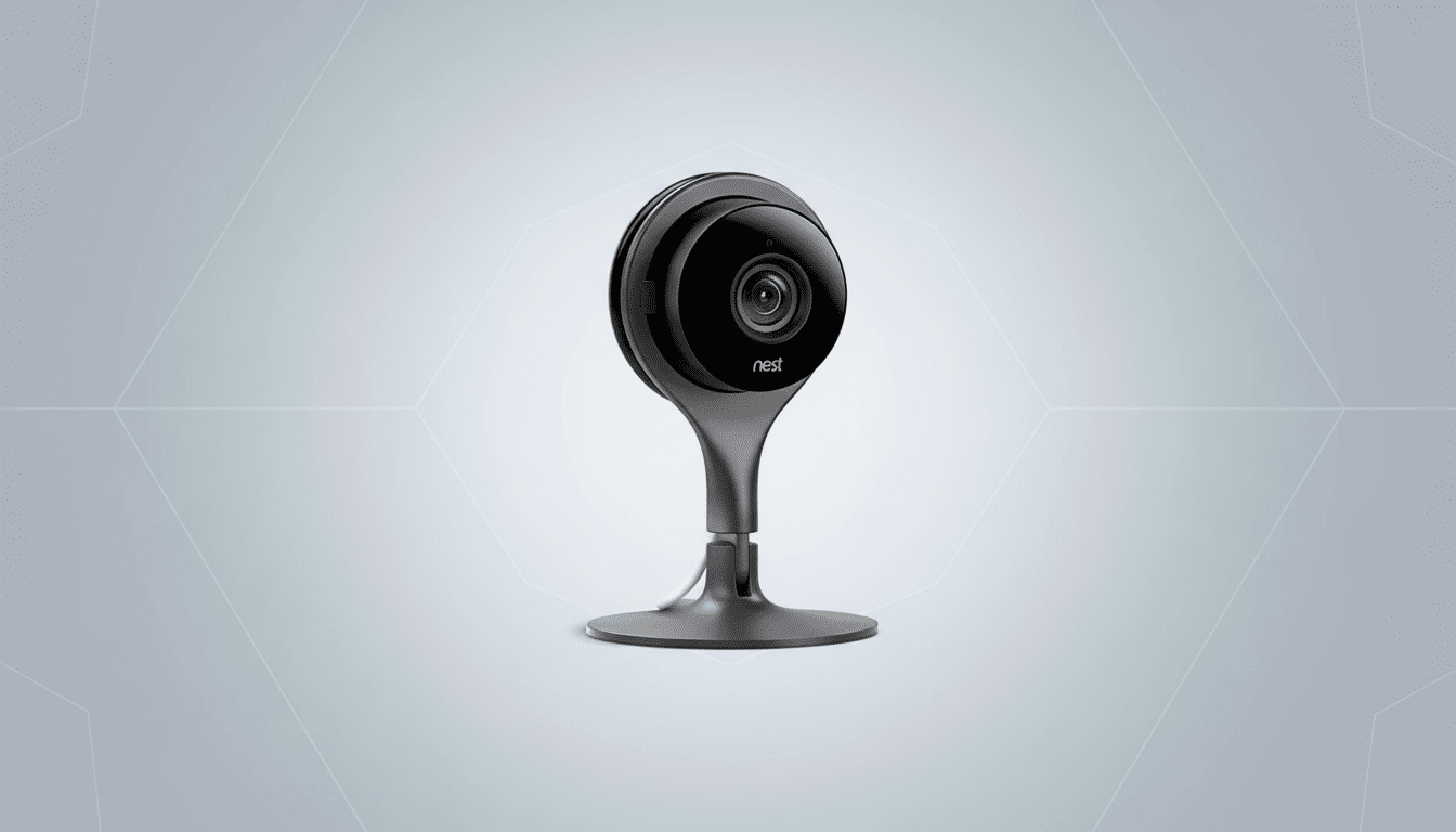 A Nest Cam indoor security camera, black with a round head and slim stand, on a subtle gray gradient background with a faint hexagonal pattern.