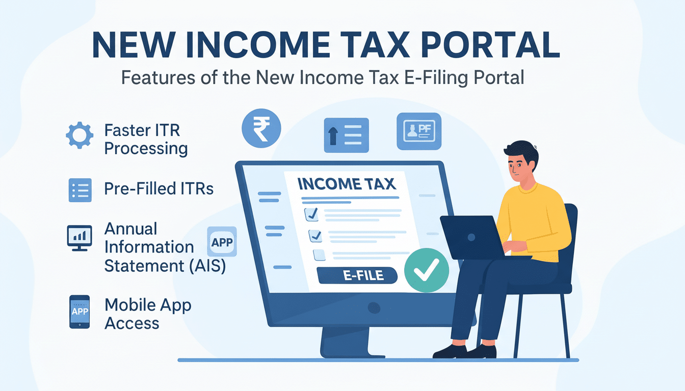 An infographic detailing the features of the New Income Tax E- Filing Portal, showing a person using a laptop with income tax forms on the screen and