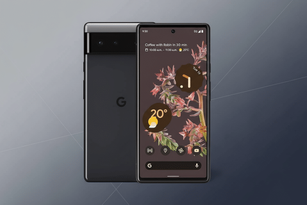 A professional shot of two Google Pixel smartphones , one facing forward displaying a colorful floral wallpaper and weather widget , and the other slightly behind , turned to show its dark gray back with the Google ' G' logo. The background is a clean, dark gray gradient.