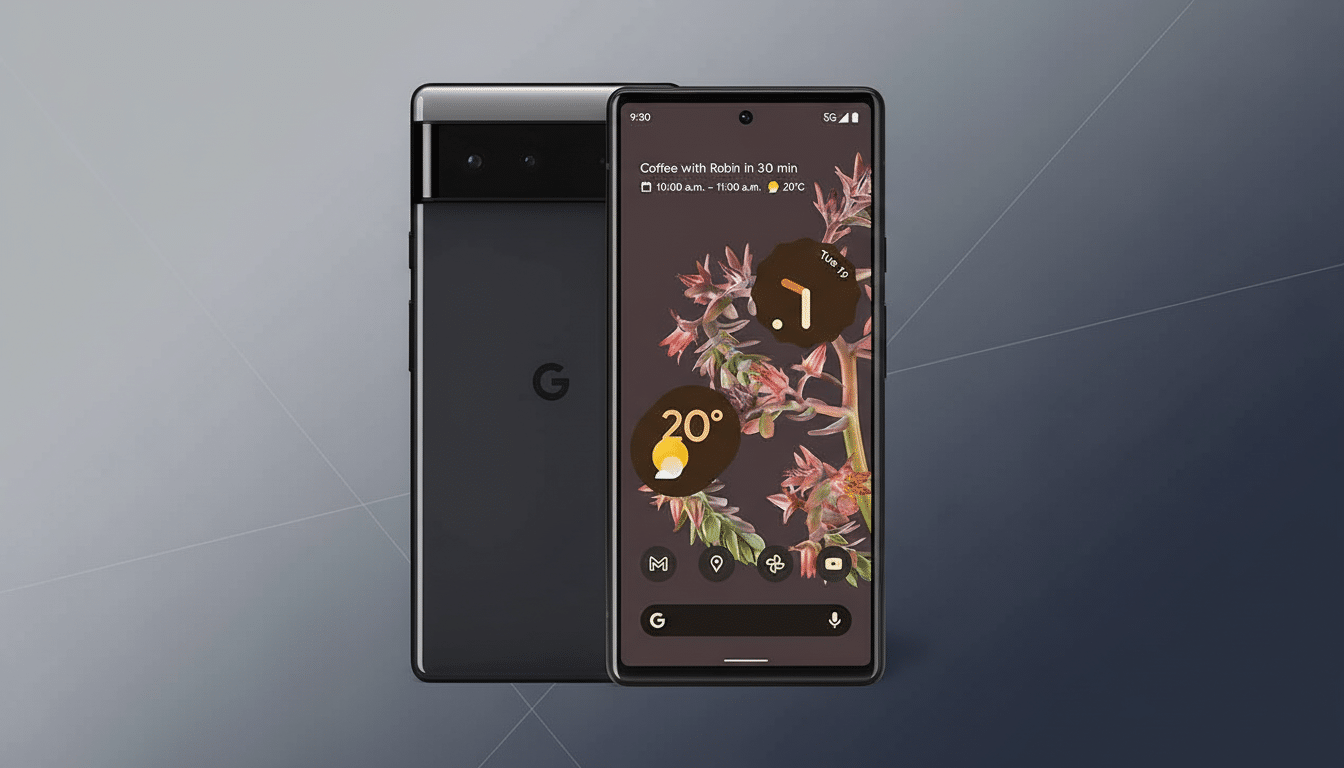 A professional shot of two Google Pixel smartphones , one facing forward displaying a colorful floral wallpaper and weather widget , and the other slightly behind , turned to show its dark gray back with the Google ' G' logo. The background is a clean, dark gray gradient.