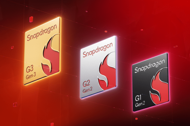 Three Snapdragon gaming chips, G3 Gen 3, G2 Gen 2, and G 1 Gen 2 , displayed on a red background .