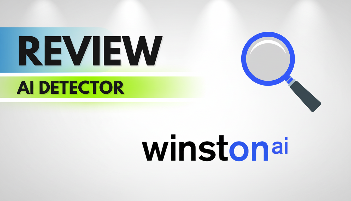 A 16:9 aspect ratio image featuring the words REVIEW AI DETECTOR with a magnifying glass icon and the winstonai logo, all set against a clean, professional background.