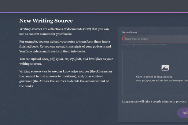 A screenshot of a web application interface for creating a New Writing Source. The main content area explains that writing sources are collections of documents (text ) used as content for books, allowing uploads of various file types like docx, pdf , and html. A form on the right includes fields for Source Name and a drag -and-drop area for file uploads. The left sidebar shows navigation options like New Book, My Books, Content Sources, Style Prompts , Style Sources , Translate, and Credits, with Content Sources highlighted .