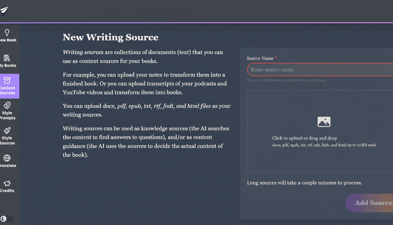 A screenshot of a web application interface for creating a New Writing Source. The main content area explains that writing sources are collections of documents (text ) used as content for books, allowing uploads of various file types like docx, pdf , and html. A form on the right includes fields for Source Name and a drag -and-drop area for file uploads. The left sidebar shows navigation options like New Book, My Books, Content Sources, Style Prompts , Style Sources , Translate, and Credits, with Content Sources highlighted .