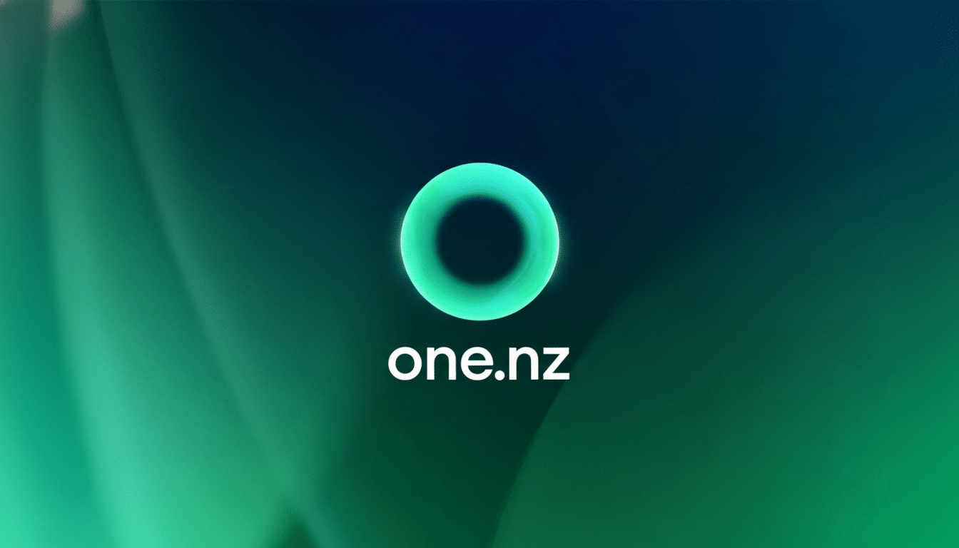 The one .nz logo centered on a gradient background of dark blue to green , resized to a 1 6:9 aspect ratio. Filename : onenz logo1 6x9. png